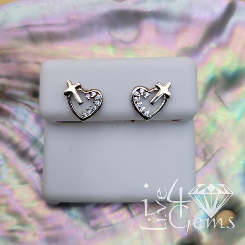 Silver Heart and Cross Pendant w Chain &amp; Earring Set