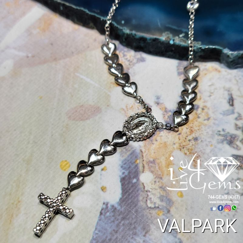 Silver Heart Rosary Necklace