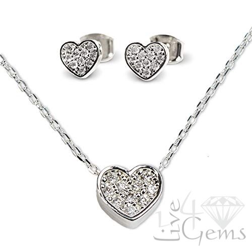 Silver Cz Heart Screwback and Necklace Set