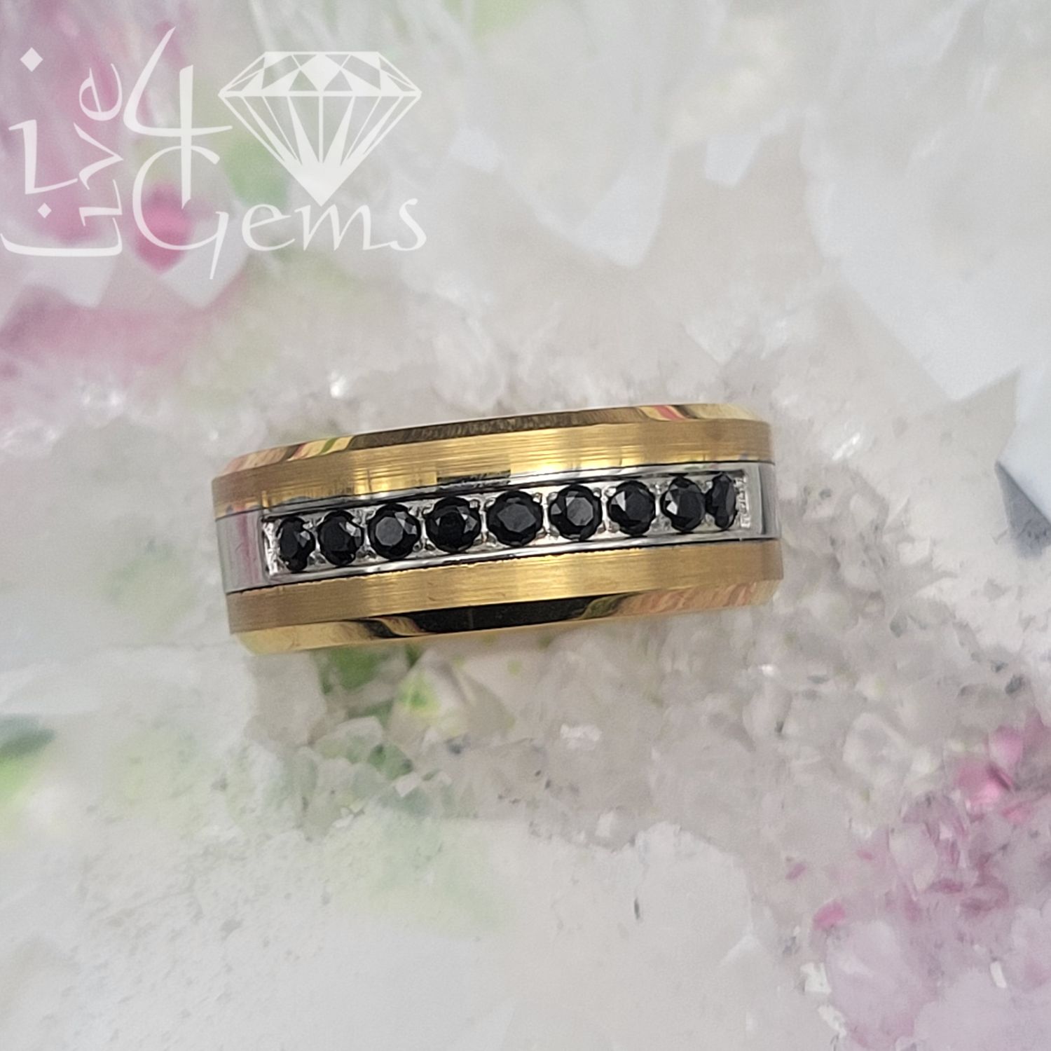 Tungsten Carbide Gold w Black CZ Band