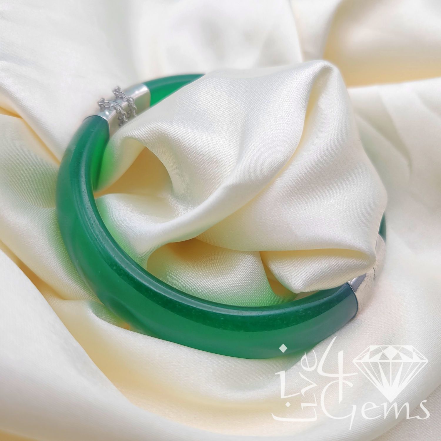 Silver Jade Bangle w Chain Green
