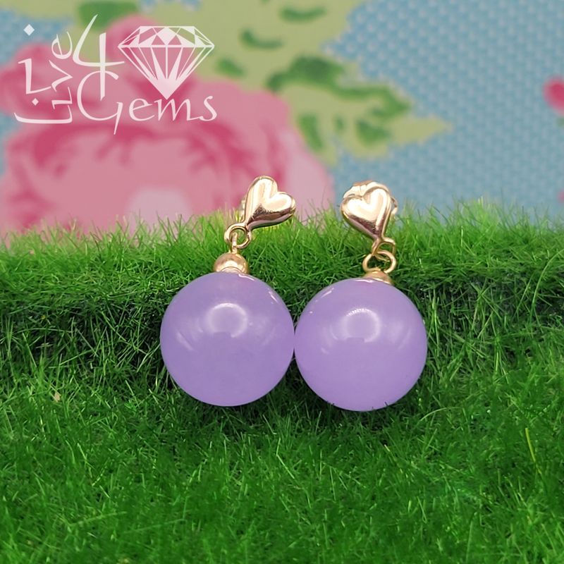 14kt 10mm Purple Jade Ball Hanging Earring