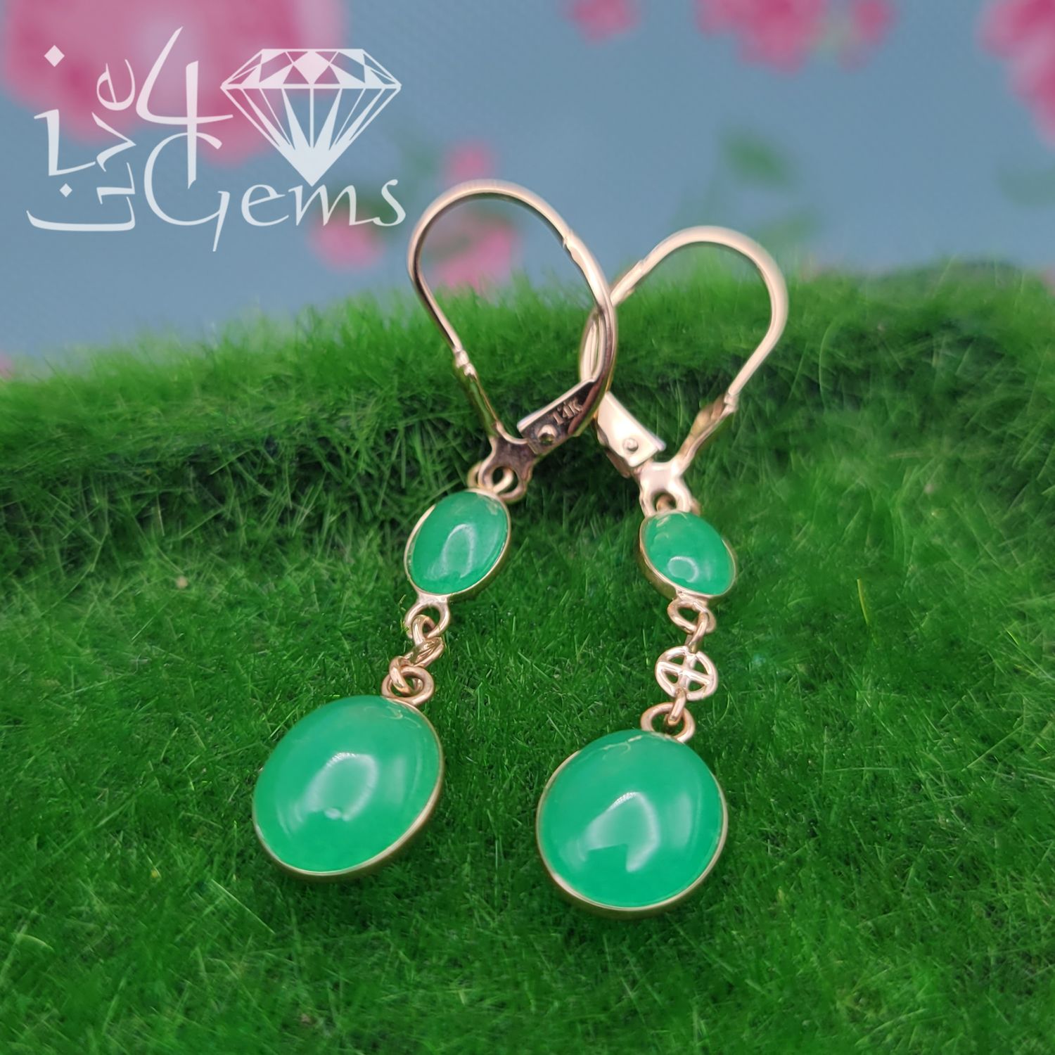 14kt Drop Round Jade Earring