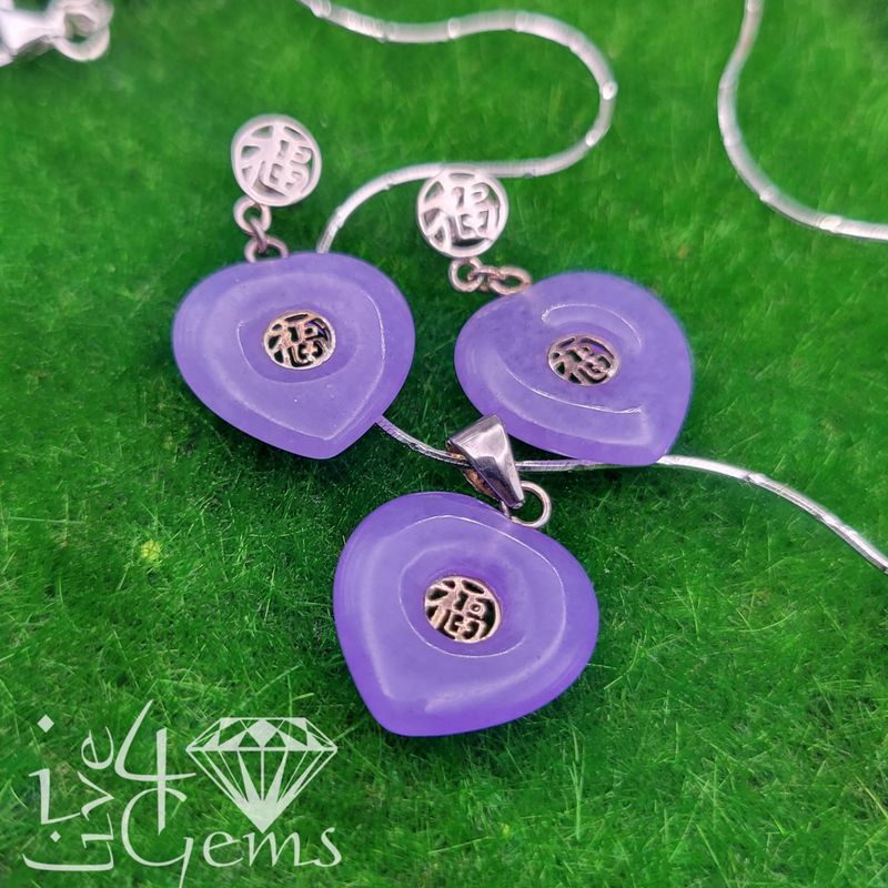 Silver Purple Jade Heart Earring and Pendant Set
