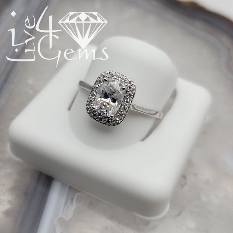 Silver Moissanite 1.25ctw  Emerald Cut Halo S8