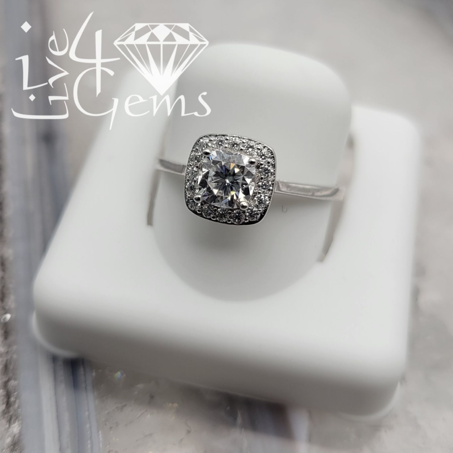 Silver Moissanite 1.00ctw  Cushion Cut Halo S8