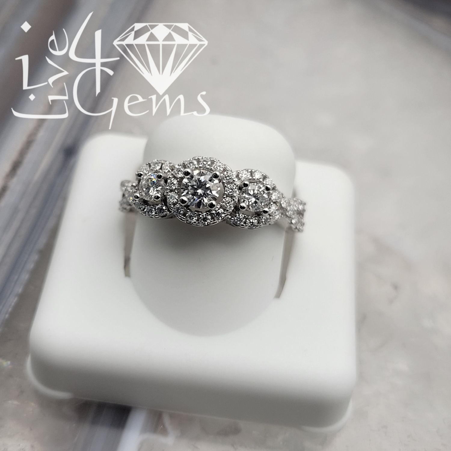 Silver Moissanite 1.50ctw Three Stone Halo Ring S7