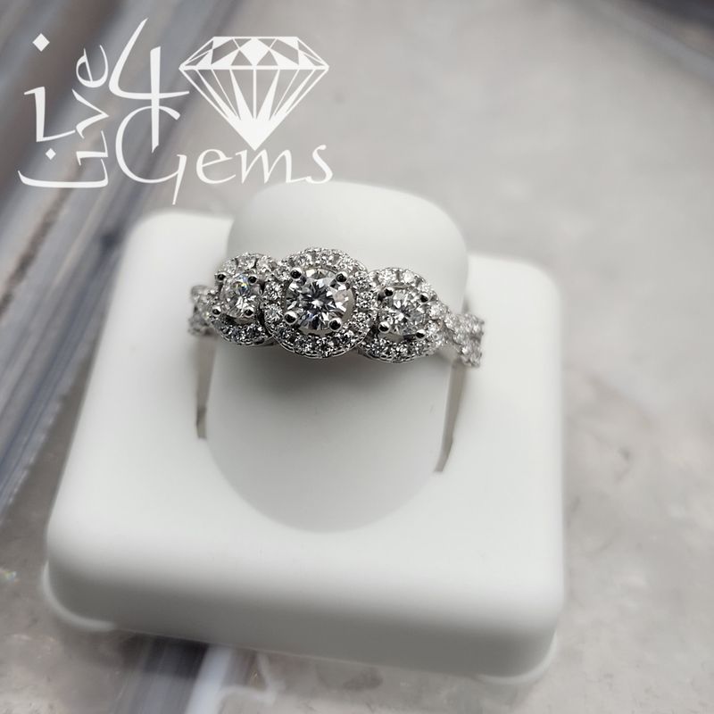 Silver Moissanite 1.50ctw Three Stone Halo Ring S7