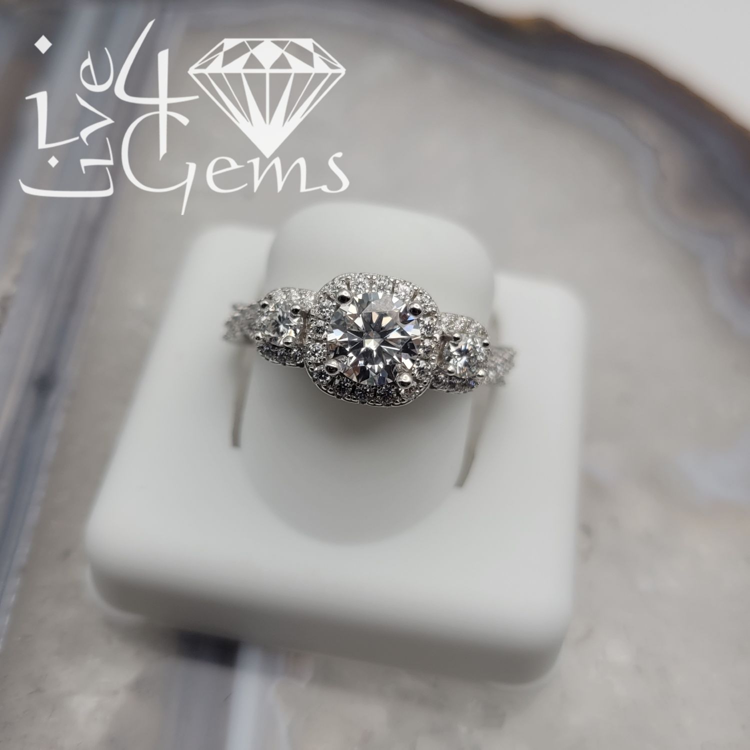 Silver Moissanite 2.00ctw Three Stone Cushion Halo Ring S8