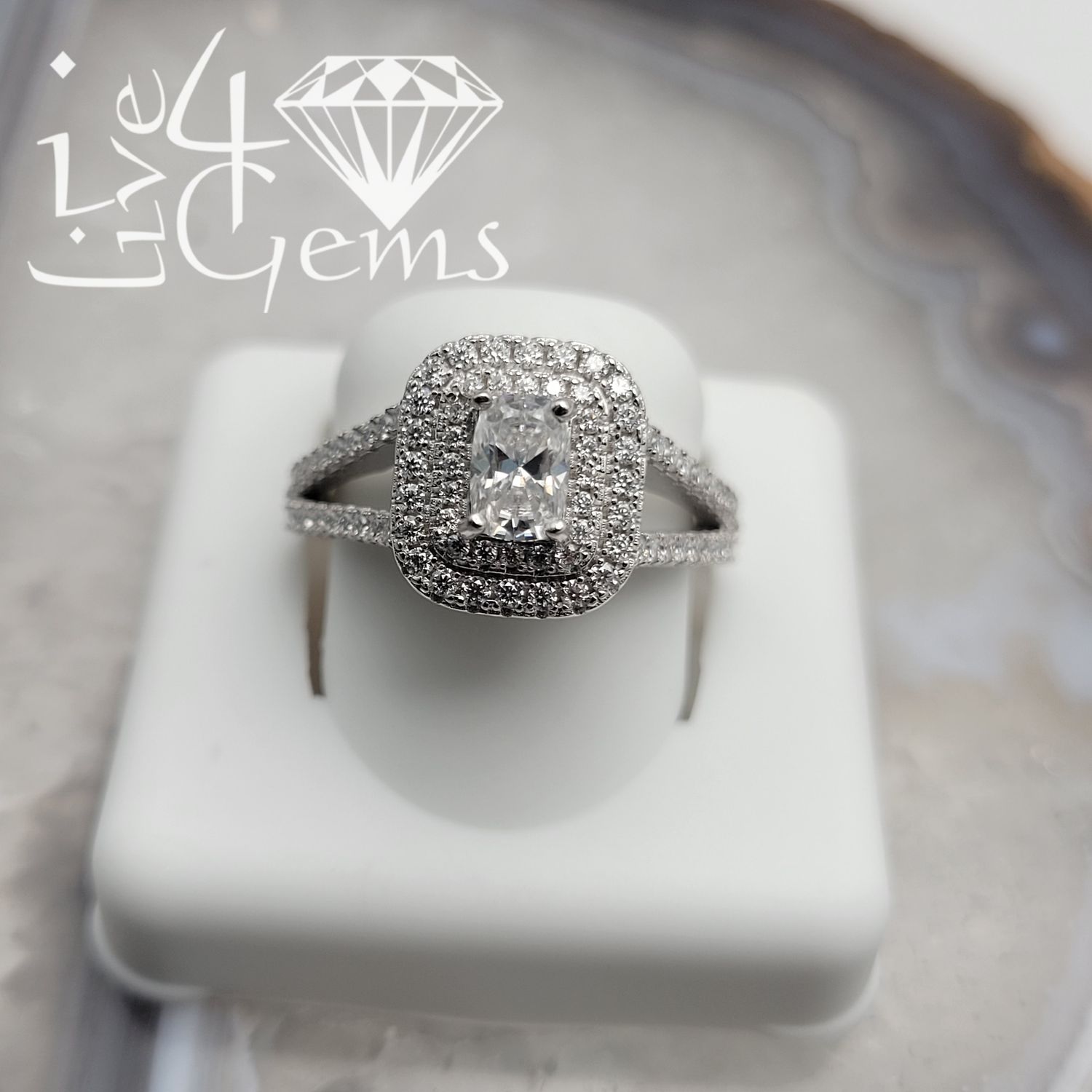 Silver Moissanite 2.00ctw Emerald Double Halo Split Shank Ring S8