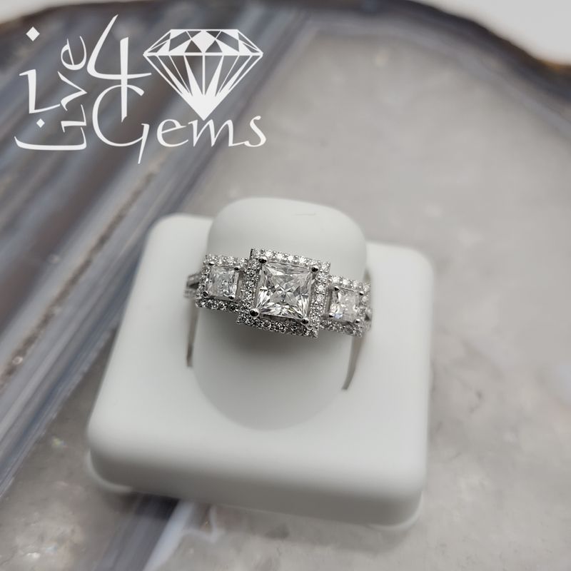 Silver Moissanite 2.00ctw Three Stone Square Halo Ring S7
