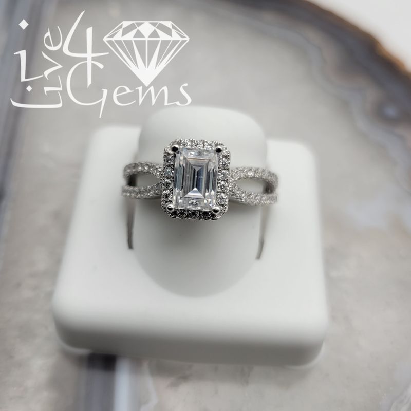 Silver Moissanite 2.00ctw Emerald Halo Split Shank Ring S8