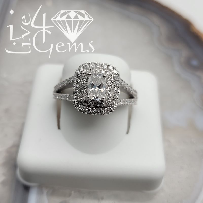 Silver Moissanite 2.00ctw Emerald Double Halo Split Shank Ring S8