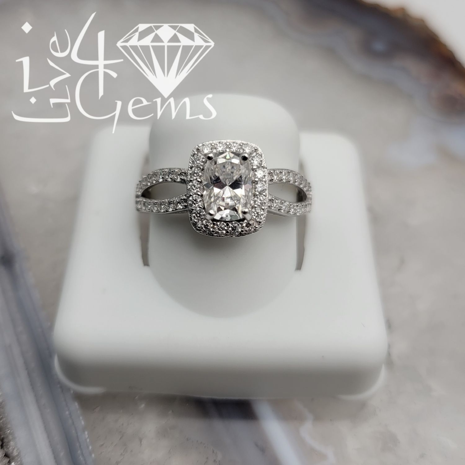 Silver Moissanite 2.00ctw Radiant Cut Halo Split Shank Ring S7