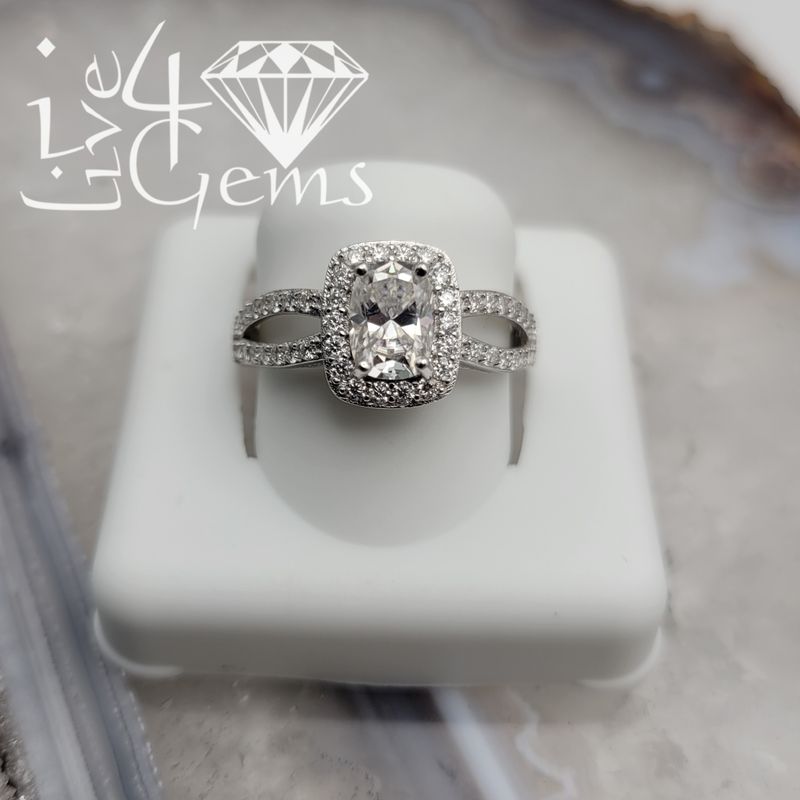 Silver Moissanite 2.00ctw Radiant Cut Halo Split Shank Ring S7