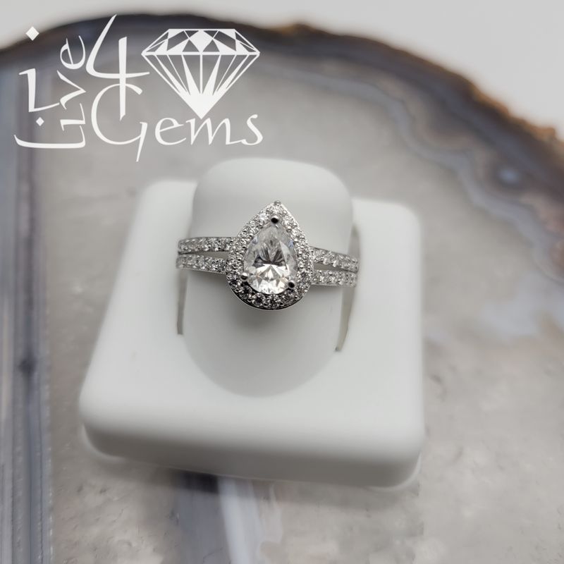 Silver Moissanite 1.50ctw Pear Halo Ring S7