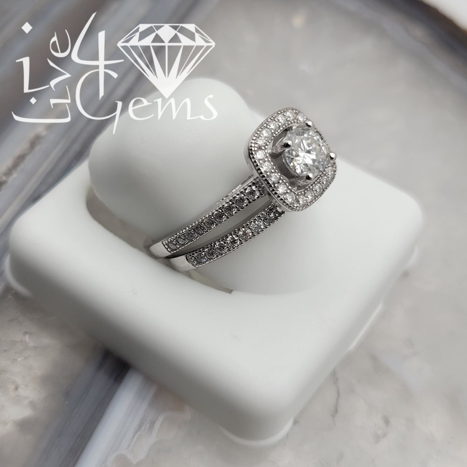 Silver Moissanite Round Halo 2.0ctw Bridal Set S7