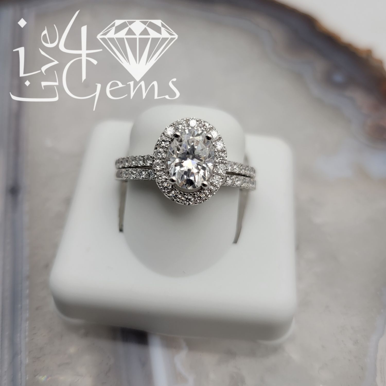 Silver Moissanite 2.24ctw Oval Cut Halo Bridal Set S8