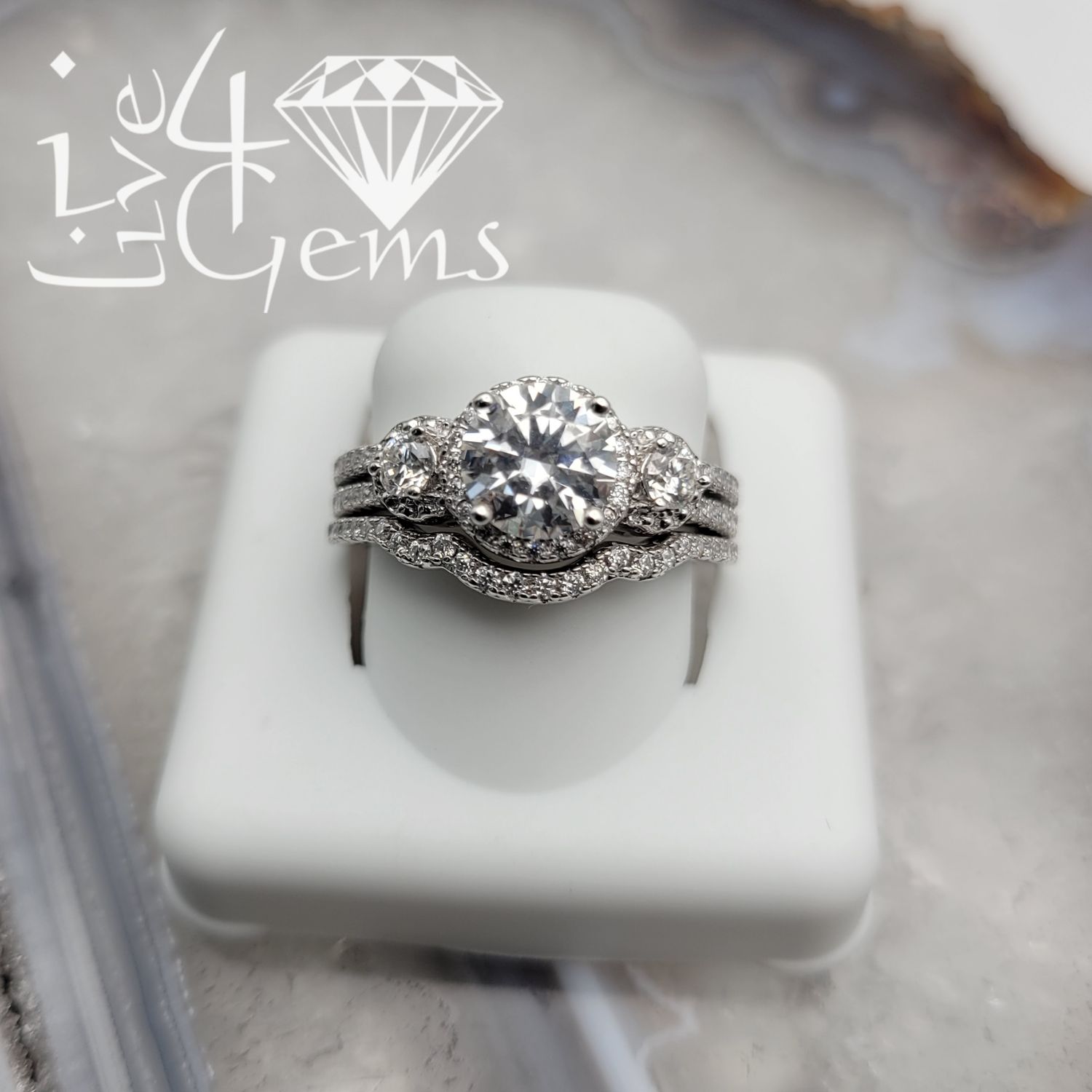Silver Moissanite 1.82ctw Round Three Stone Bridal Set S7