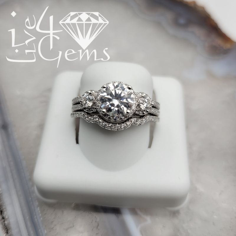 Silver Moissanite 1.82ctw Round Three Stone Bridal Set S7