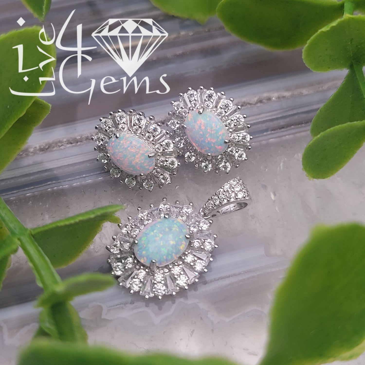 Silver Opal Oval Halo Earring and Pendant Set