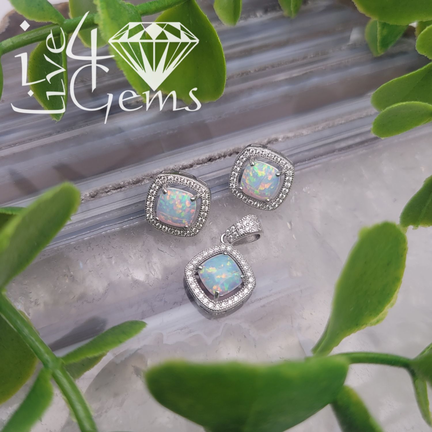 Silver Opal Cushion Halo Earring and Pendant Set