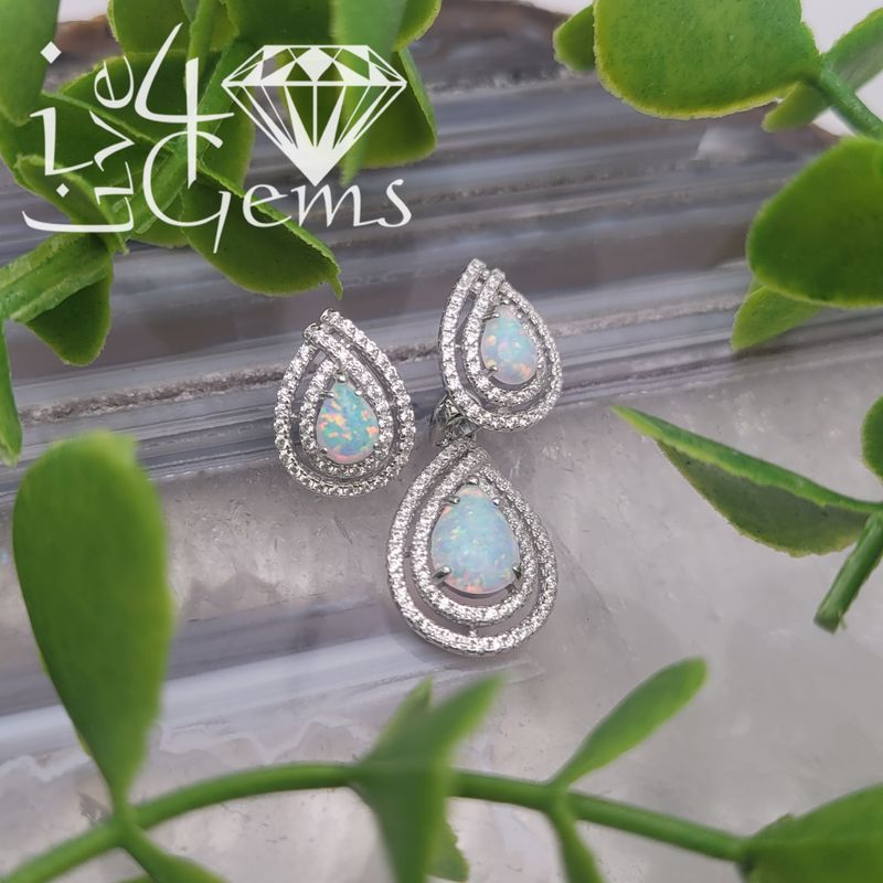 Silver Opal Pear Halo Earring and Pendant Set