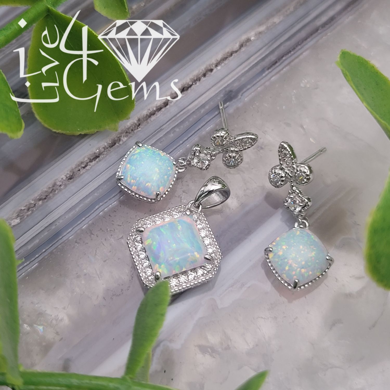 Silver Opal Square Halo Earring and Pendant Set