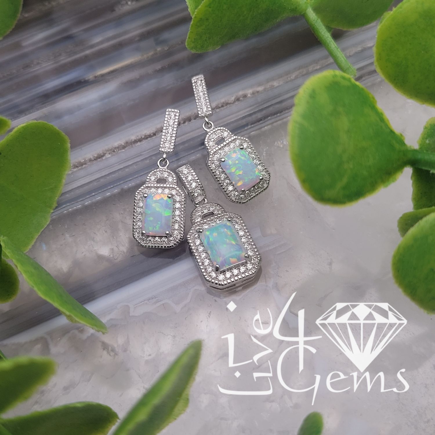 Silver Opal Emerald Cut Halo Earring and Pendant Set