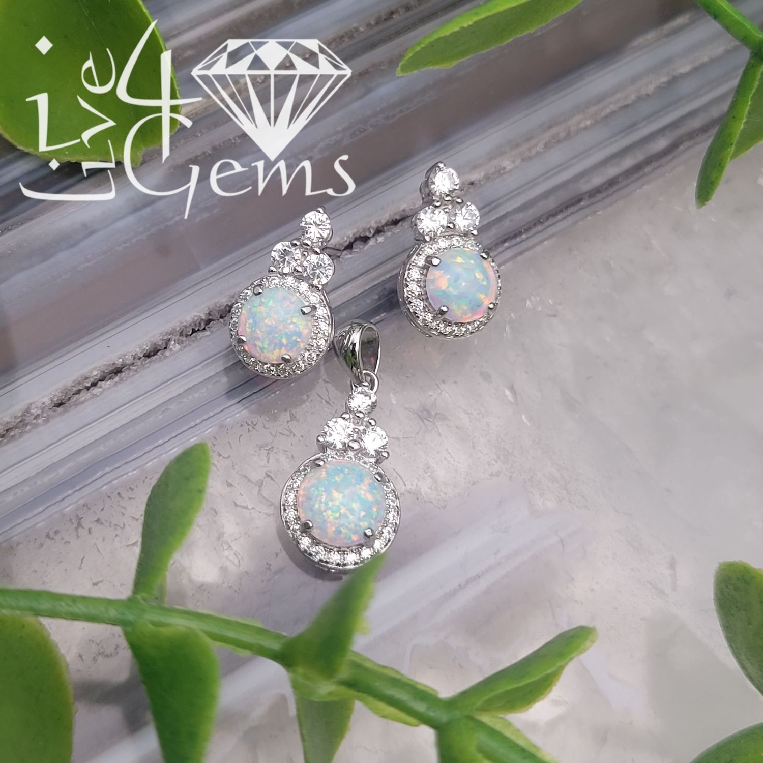 Silver Opal Round Halo Earring and Pendant Set