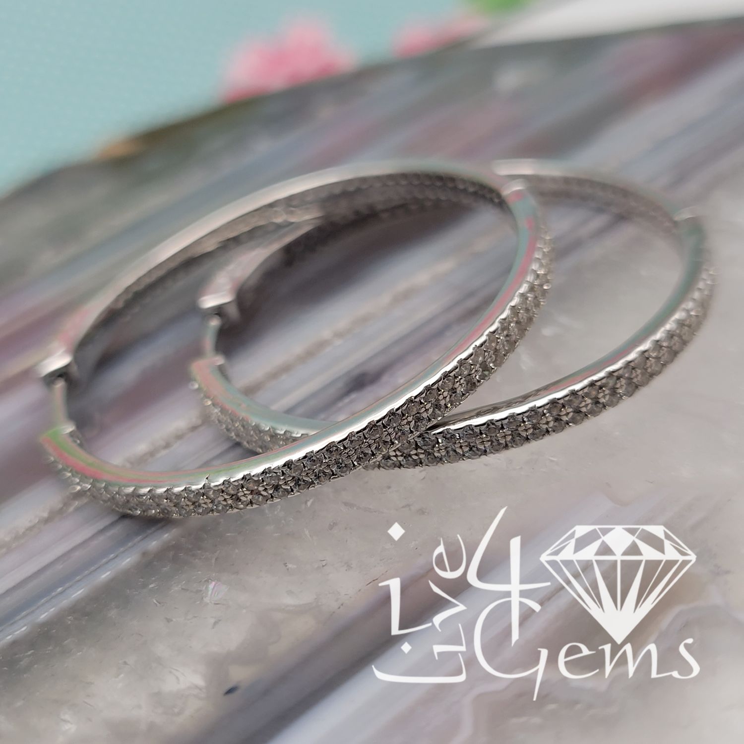 Silver Double Row Cz 1.5&quot; Hoop Earrings
