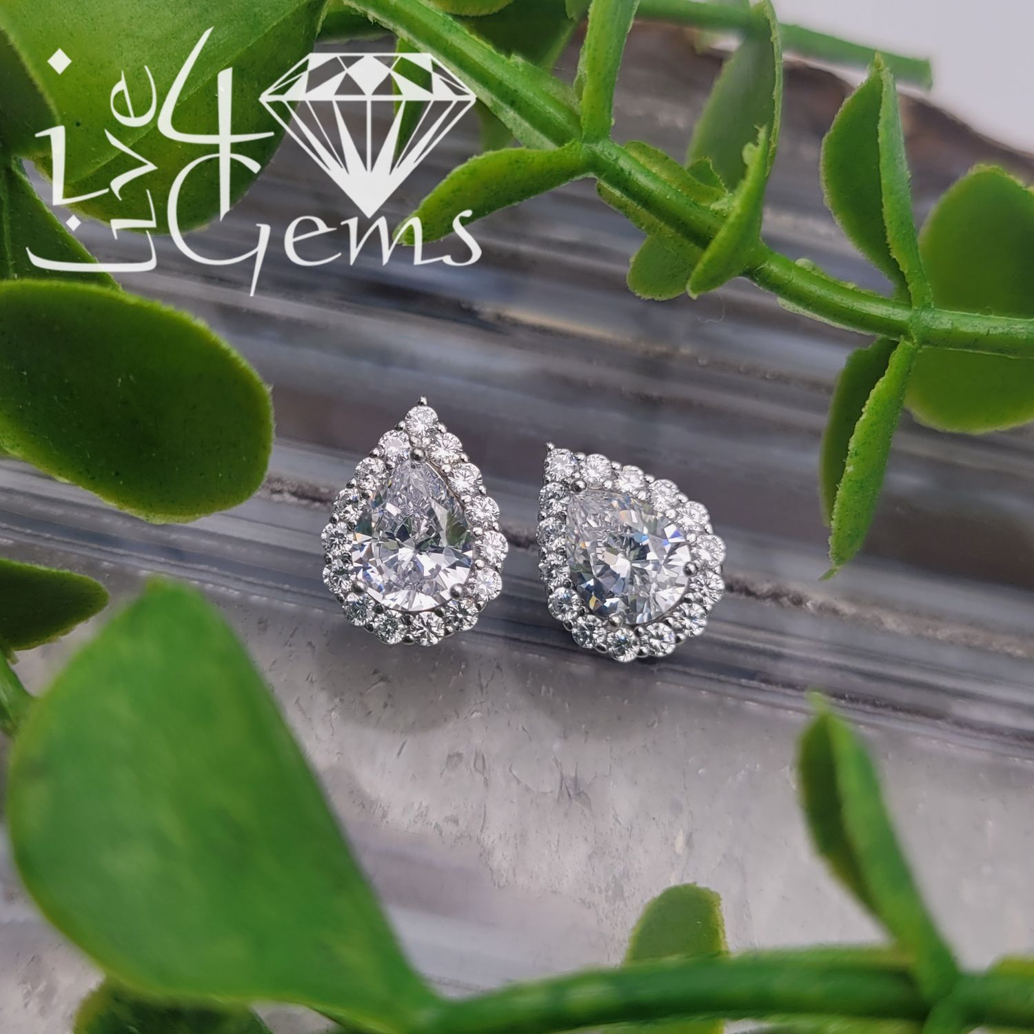 Silver Pear Halo Cz Stud