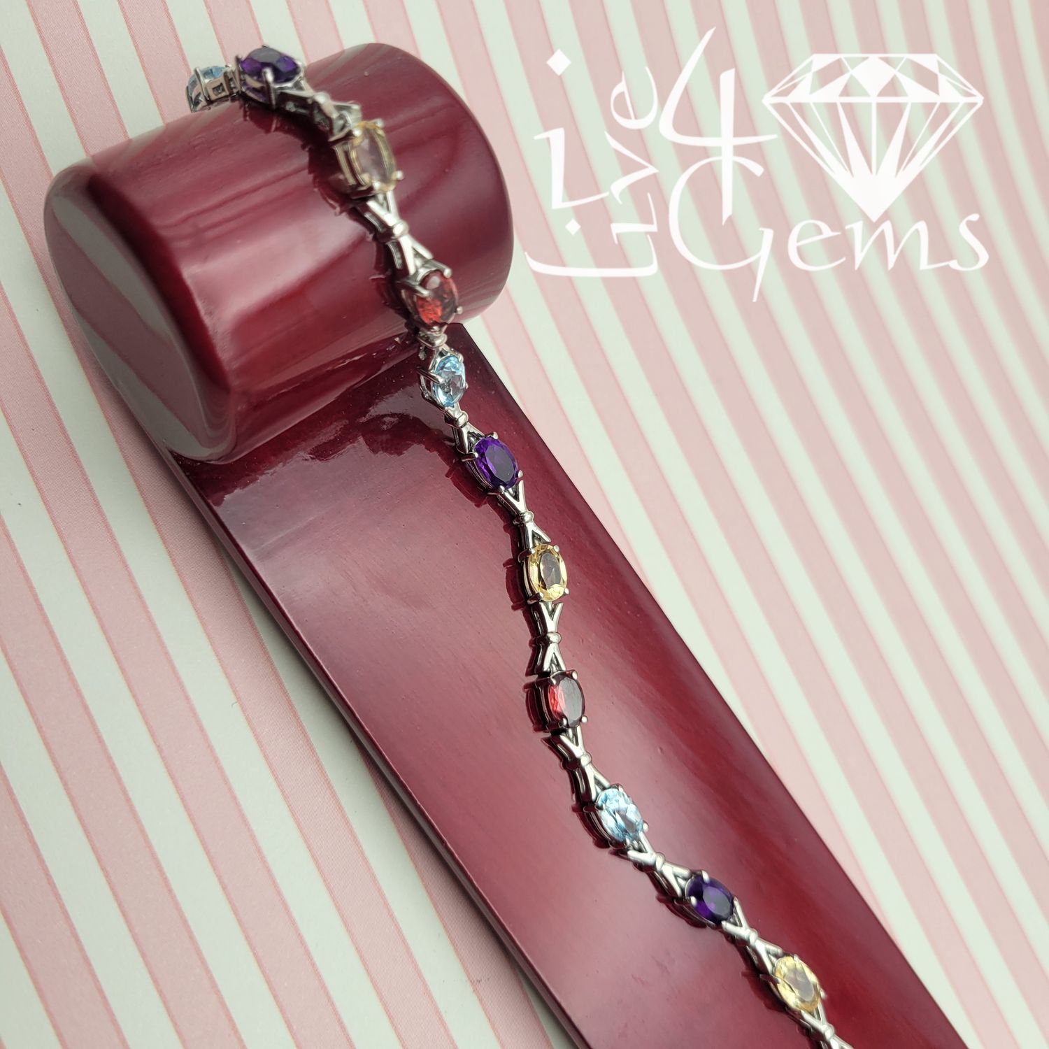 Silver Oval Amethyst, Citrine, Garnet, Blue Topaz Gemstone Bracelet
