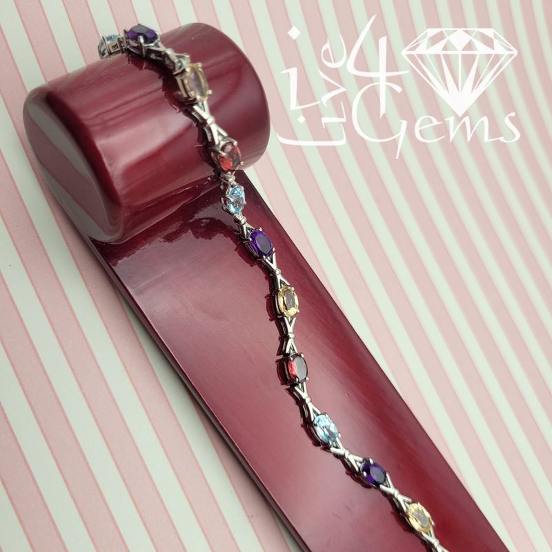 Silver Oval Amethyst, Citrine, Garnet, Blue Topaz Gemstone Bracelet