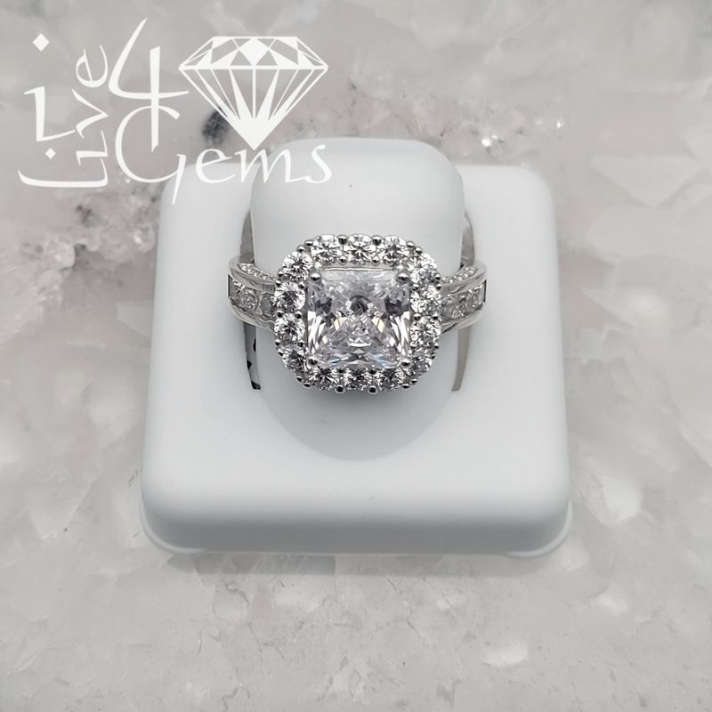Silver Princess Cut Cz Halo Ring