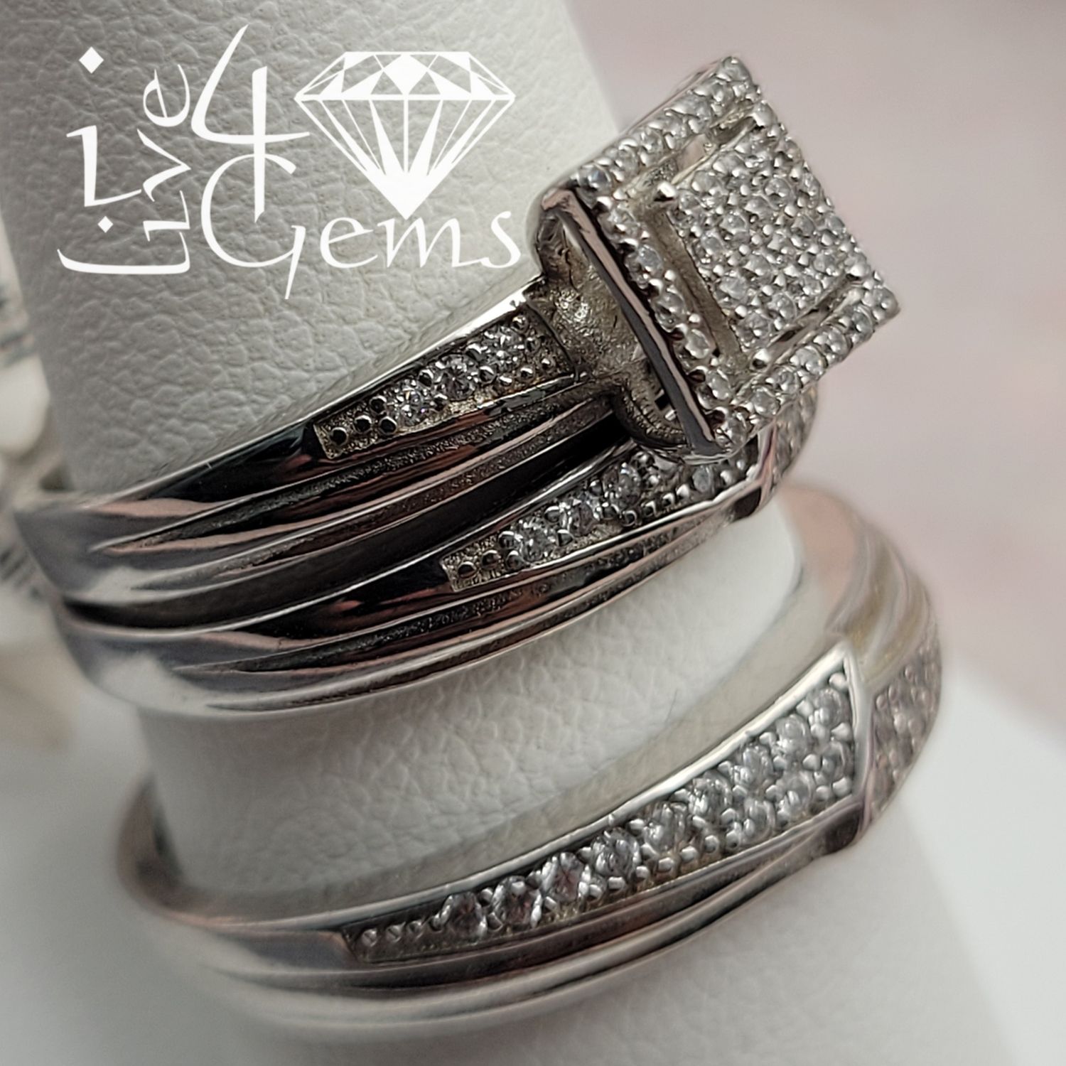 Silver CZ Square w Halo Ring Bridal Set