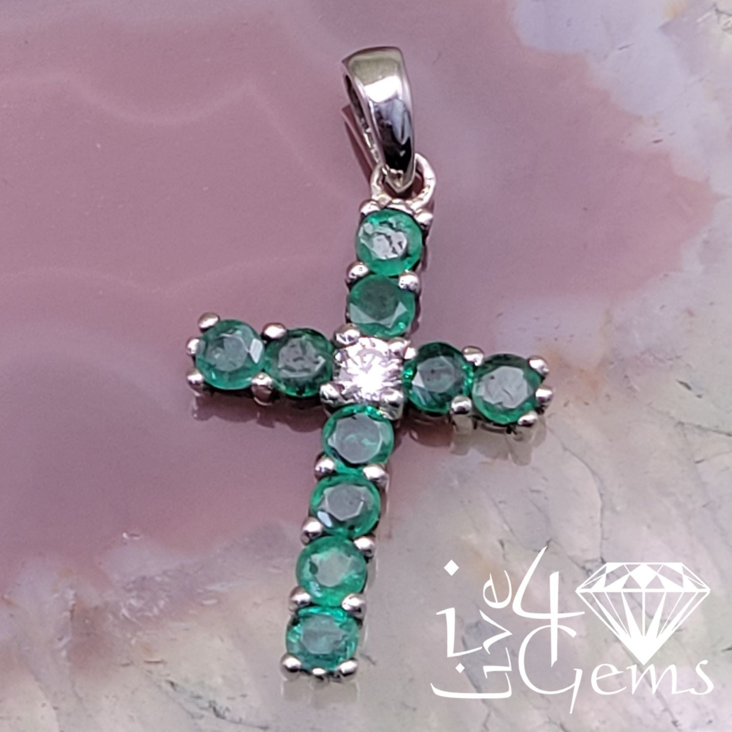 Silver Emerald Cross Pendant w Chain