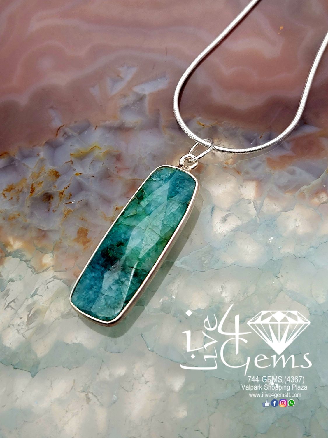 Sterling Silver Bezel 34x11mm Rectangle Emerald Quartz w Chain