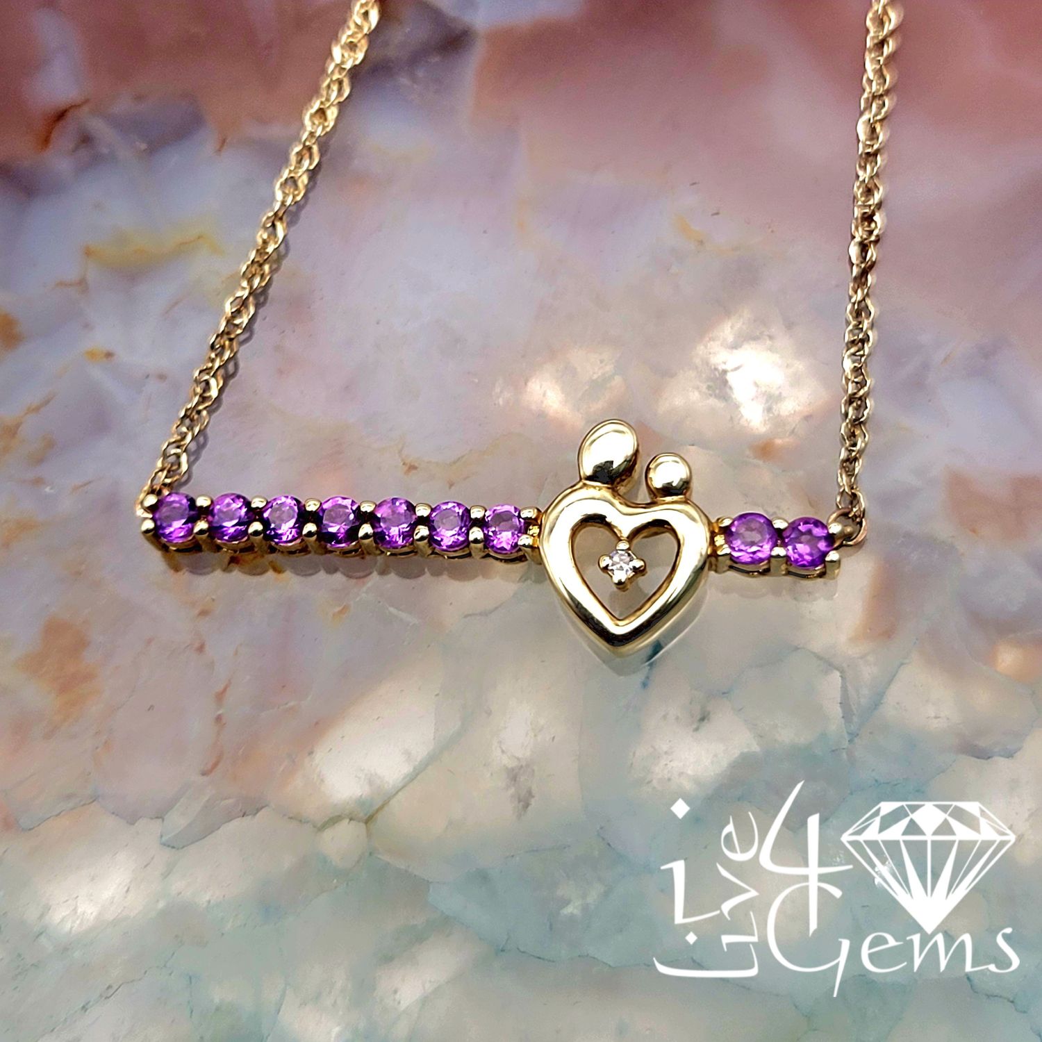 10kty Dia /Amethyst Bar Mom/Child Pendant Chain