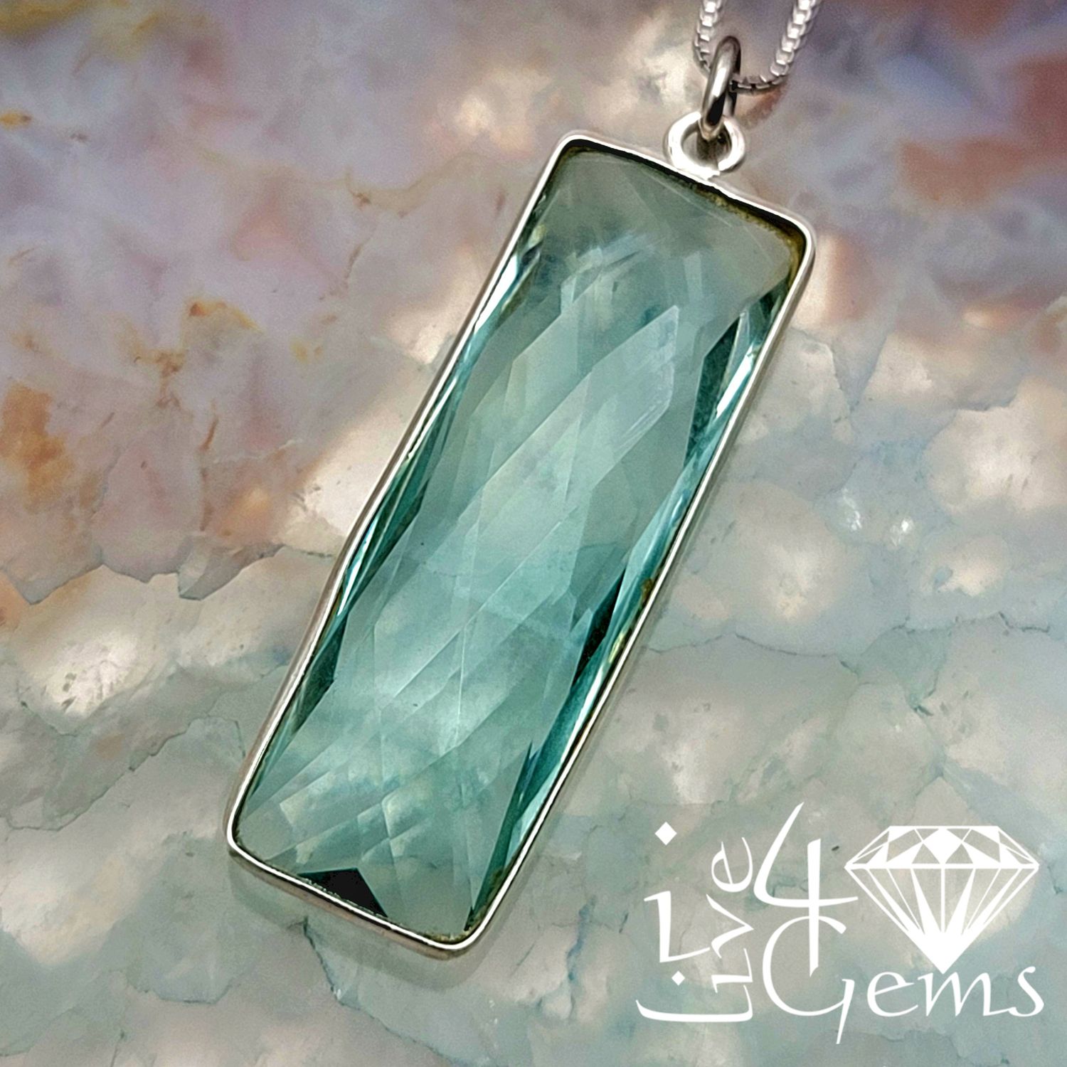 Sterling Silver Bezel 34x11mm Rectangle Aquamarine Quartz w Chain