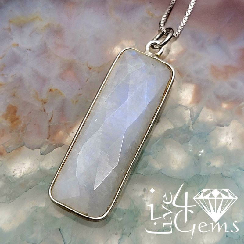 Sterling Silver Bezel 34x11mm Rectangle Moonstone Quartz w Chain