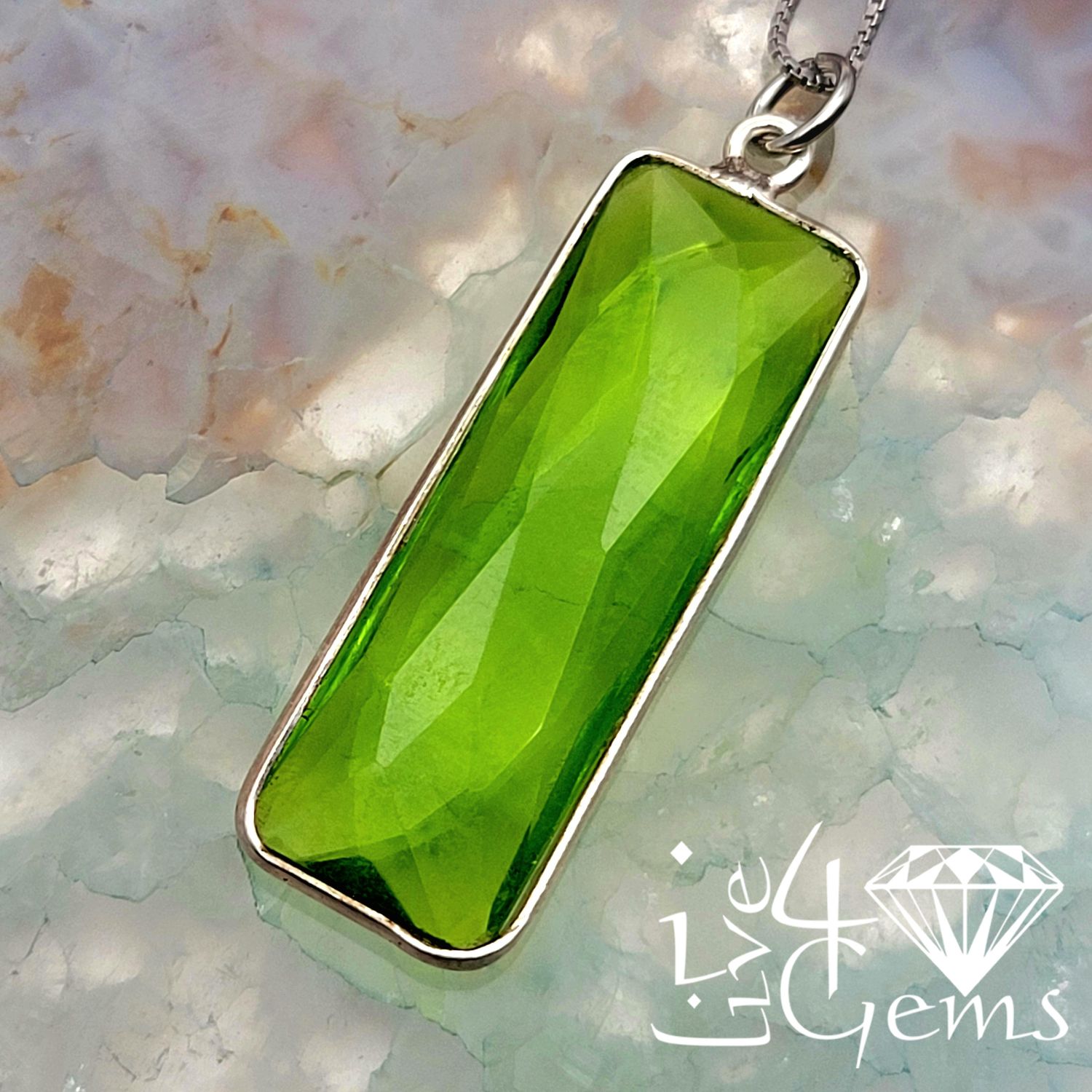 Sterling Silver Bezel 34x11mm Rectangle Peridot Quartz w Chain
