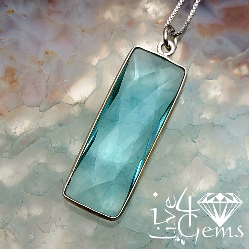 Sterling Silver Bezel 34x11mm Rectangle Blue Topaz Quartz w Chain