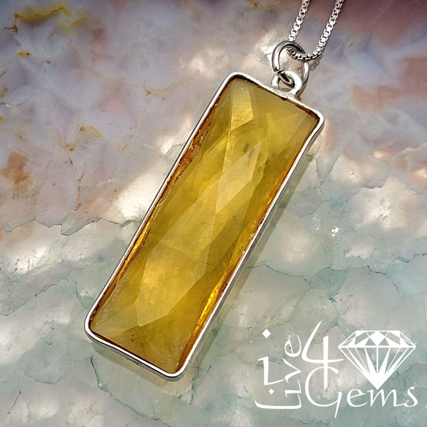 Sterling Silver Bezel 34x11mm Rectangle Citrine Quartz w Chain