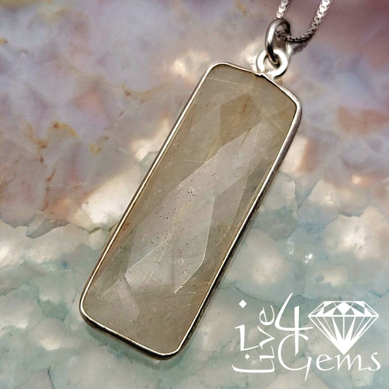Sterling Silver Bezel 34x11mm Rectangle Gold Rutilated Quartz w Chain