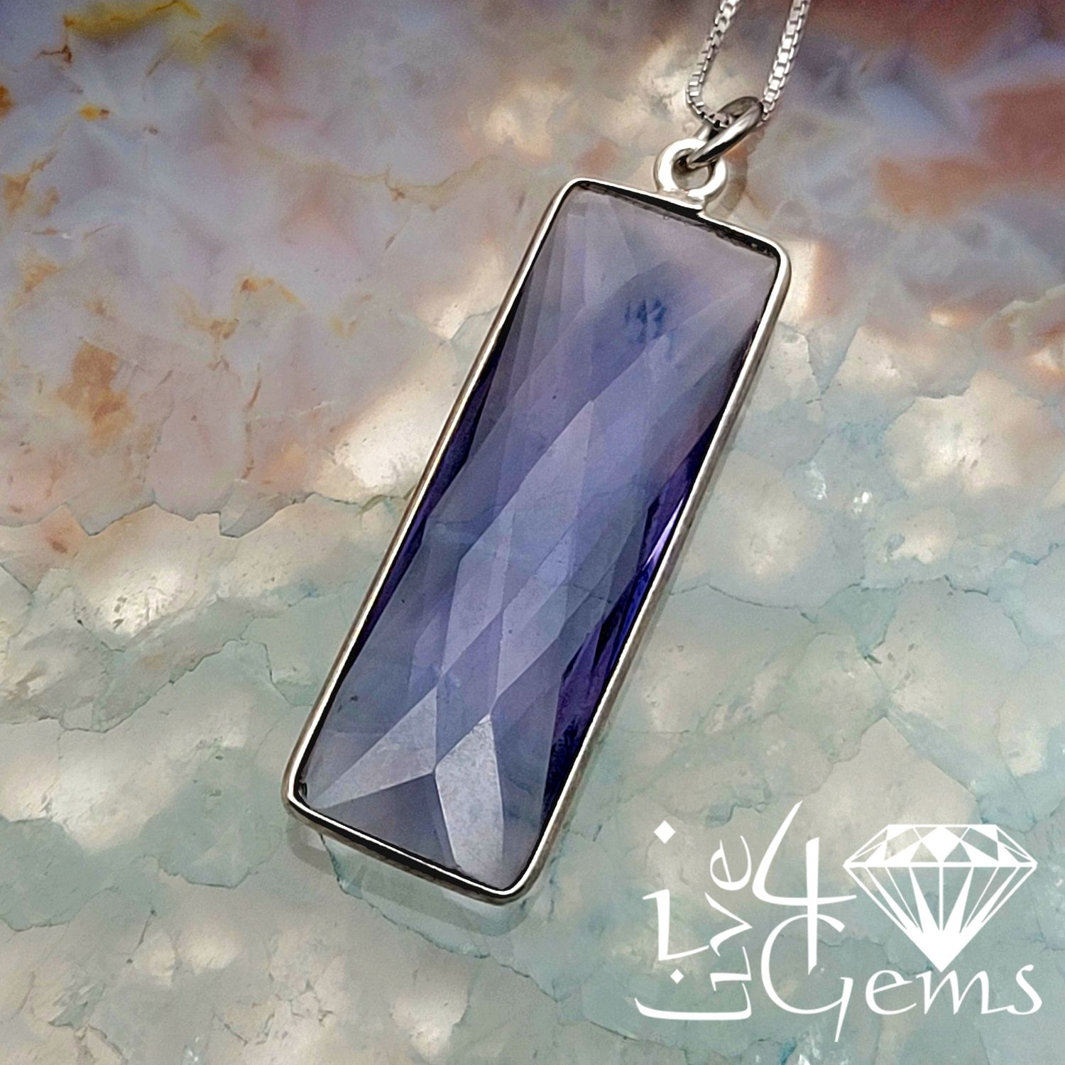 Sterling Silver Bezel 34x11mm Rectangle Iolite Quartz w Chain