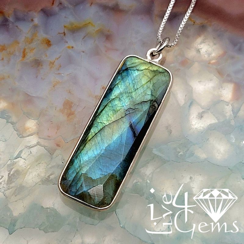 Sterling Silver Bezel 34x11mm Rectangle Labradorite Quartz w Chain