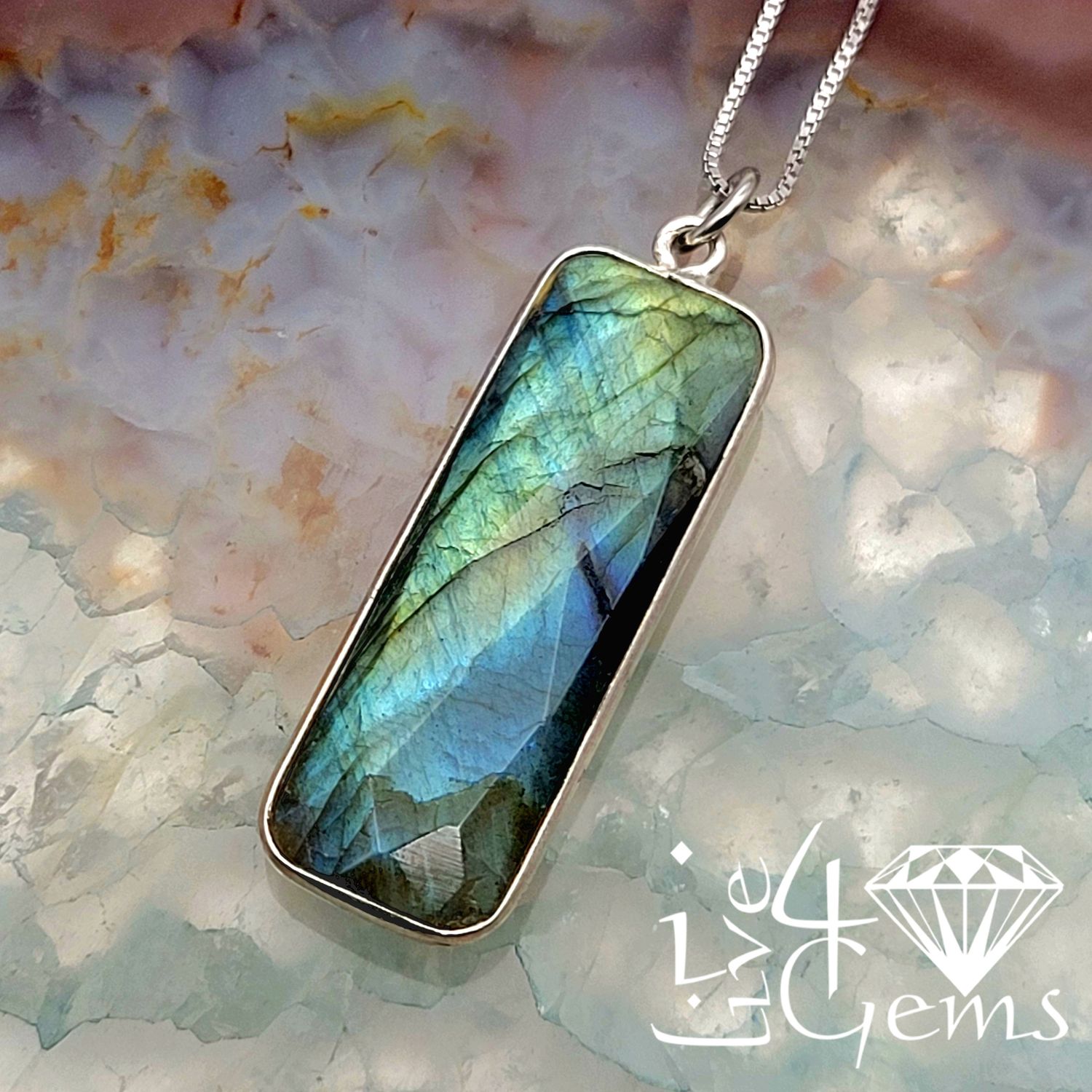 Sterling Silver Bezel 34x11mm Rectangle Labradorite Quartz w Chain