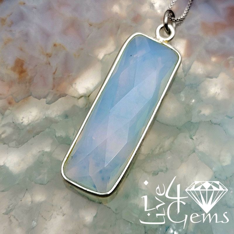 Sterling Silver Bezel 34x11mm Rectangle Opal Quartz w Chain