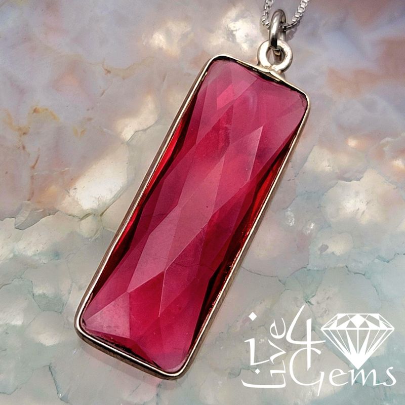 Sterling Silver Bezel 34x11mm Rectangle Rubellite Quartz w Chain